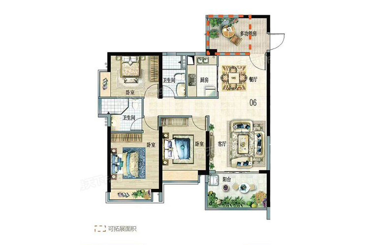 富力悅海灣C1-2組團01、06戶型3室2廳2衛(wèi)1廚109.07㎡130.88萬元-套