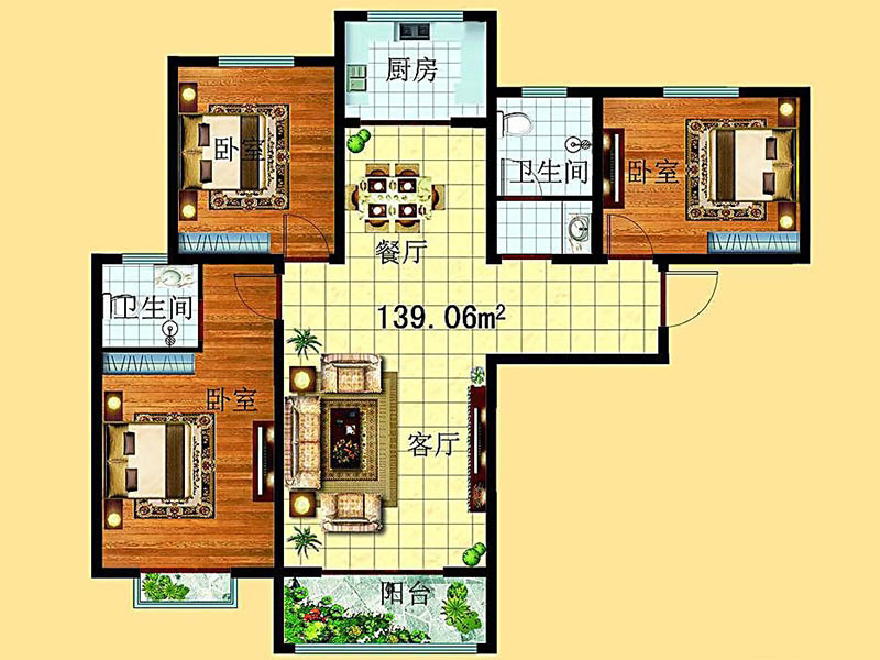 愛法歐洲布景A戶型3室2廳2衛(wèi)