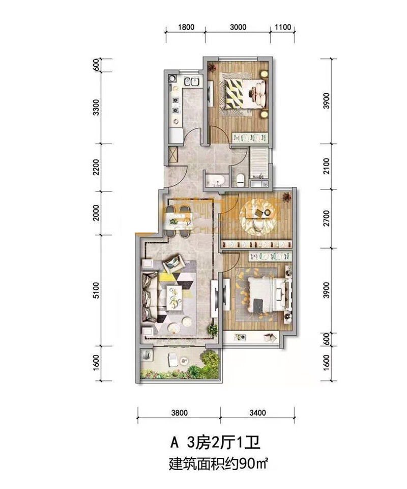 綠地滇池國(guó)際健康城A戶型 3房2廳1衛(wèi)1廚 90㎡