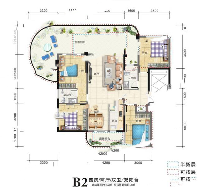 清鳳黃金海岸B2戶型 4室2廳2衛(wèi)1廚 102.00㎡