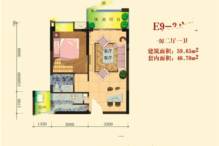 四季康城二期二期（A區(qū)）E9-3戶型 1室2廳1衛(wèi)1廚 59.65㎡