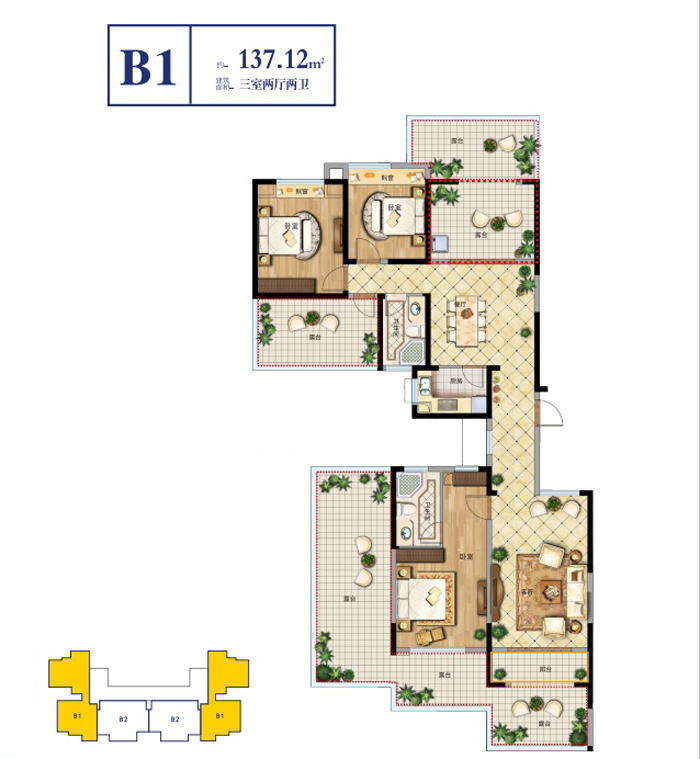 佳豐·京藝灣佳豐·京藝灣B1戶型圖 3室2廳2衛(wèi)1廚建面 137.12㎡ 約230萬(wàn)-套