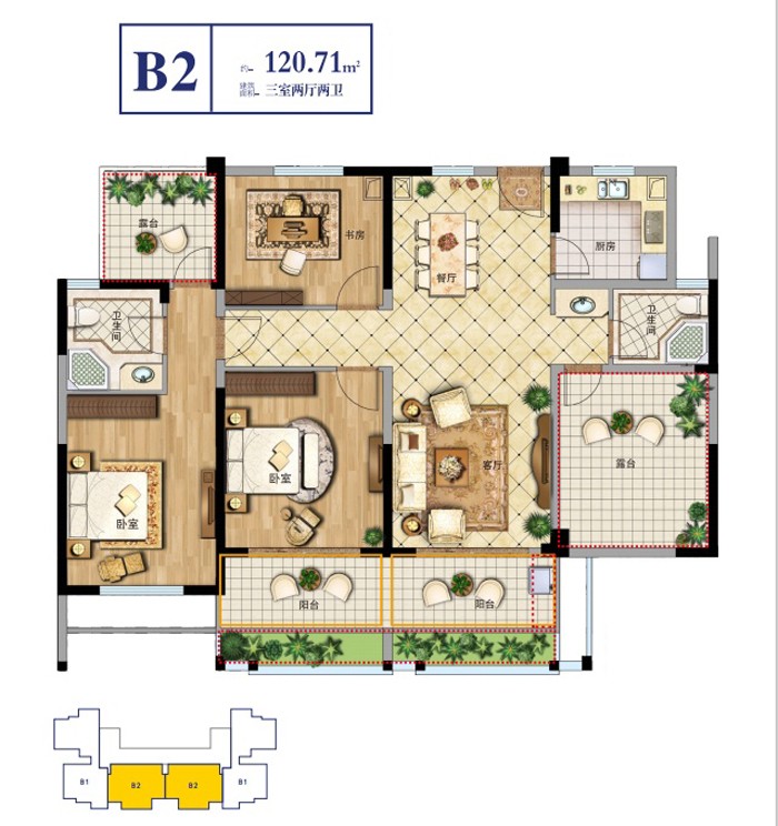 佳豐·京藝灣佳豐·京藝灣B2戶型圖 3室2廳2衛(wèi)1廚 建面 120.71㎡ 約201萬(wàn)-套