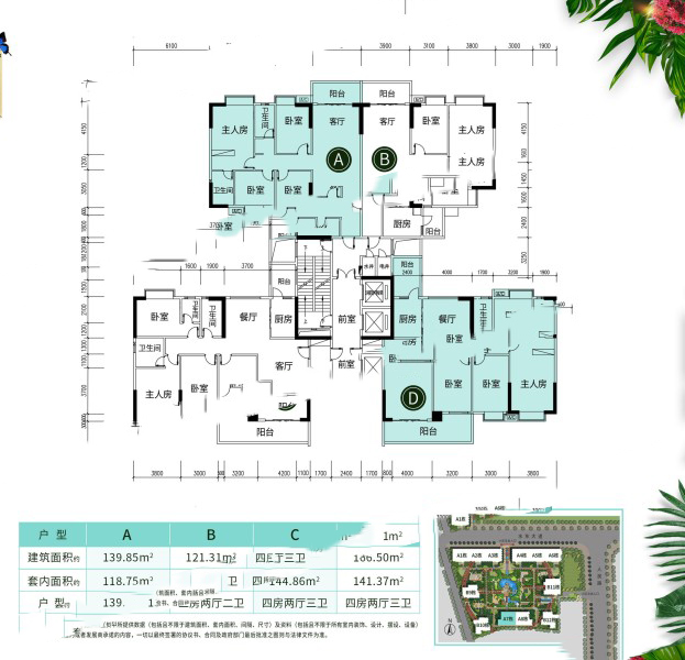 御林景苑A7戶型 4室2廳2衛(wèi)0廚 139-140㎡ 83.4萬元-套