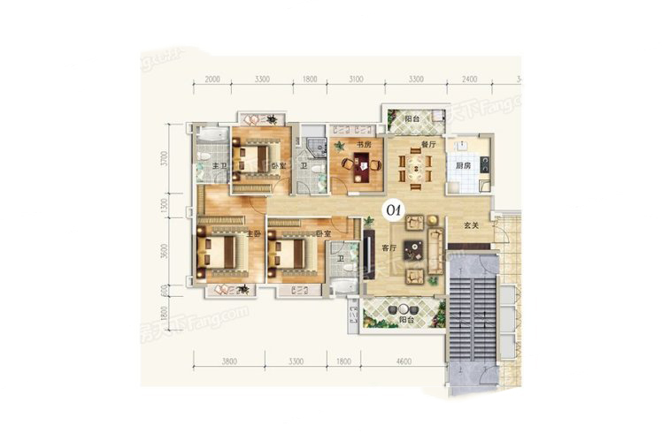 恒隆·御景山莊14-21棟01戶型 4室2廳3衛(wèi)1廚 164.95㎡ 110.52萬元-套