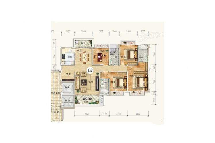 恒隆·御景山莊14-21棟02戶型 4室2廳3衛(wèi)1廚 164.95㎡ 110.52萬元-套