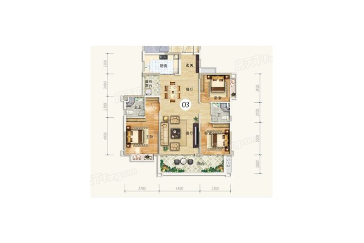 恒隆·御景山莊14-21棟03戶型 3室2廳2衛(wèi)1廚 136.26㎡ 91.29萬元-套