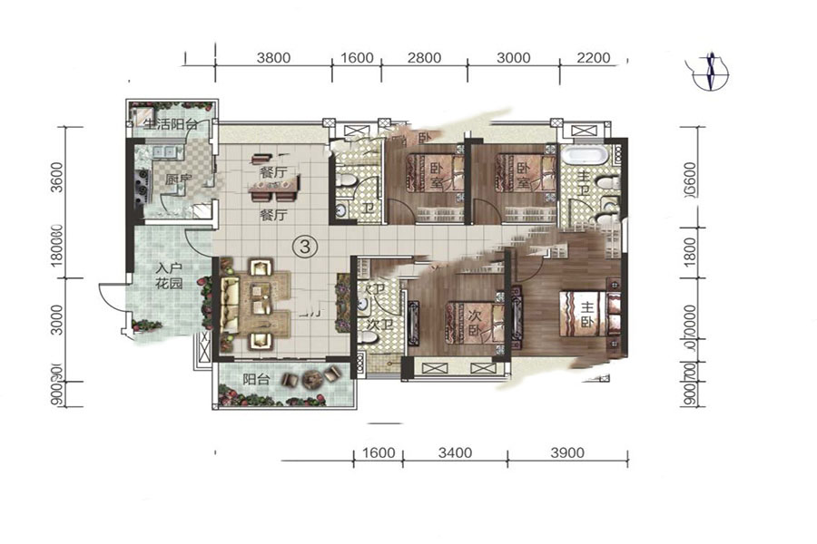 建華·翡翠城1座03A戶型 4室2廳3衛(wèi)1廚 160㎡ 100.8萬元-套