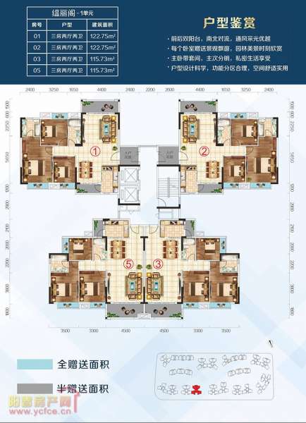 柏麗豪園缊麗閣-1單元 三房兩廳兩衛(wèi)一廚兩陽臺122.75㎡