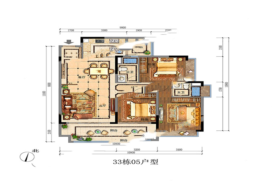 東湖御苑33棟5單元 3室2廳2衛(wèi)1廚 122.99㎡