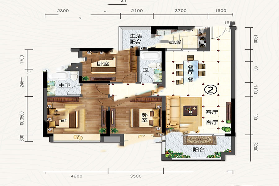 萬山·天悅9幢02戶型 3室2廳2衛(wèi)1廚 123㎡ 76.26萬元-套