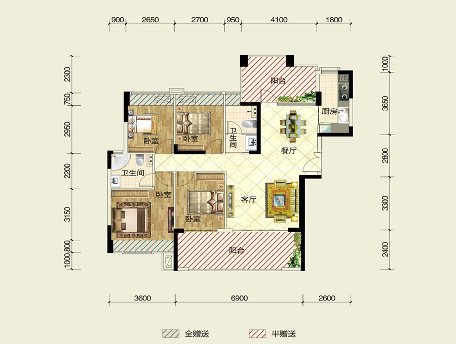 易生水岸花山6-7棟G戶型 4室2廳2衛(wèi)1廚 137㎡ 164.4萬元-套