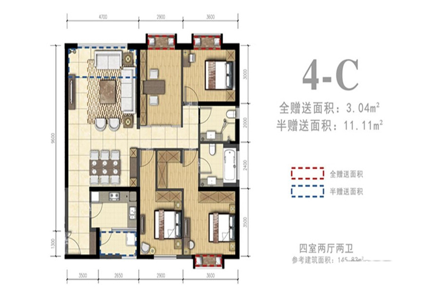 外灘名著4-C 4室2廳2衛(wèi)1廚 145.83㎡ 145.83萬(wàn)元-套