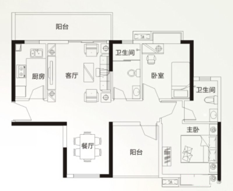 旭日海岸I戶型 3室2廳2衛(wèi)1廚 92.23㎡