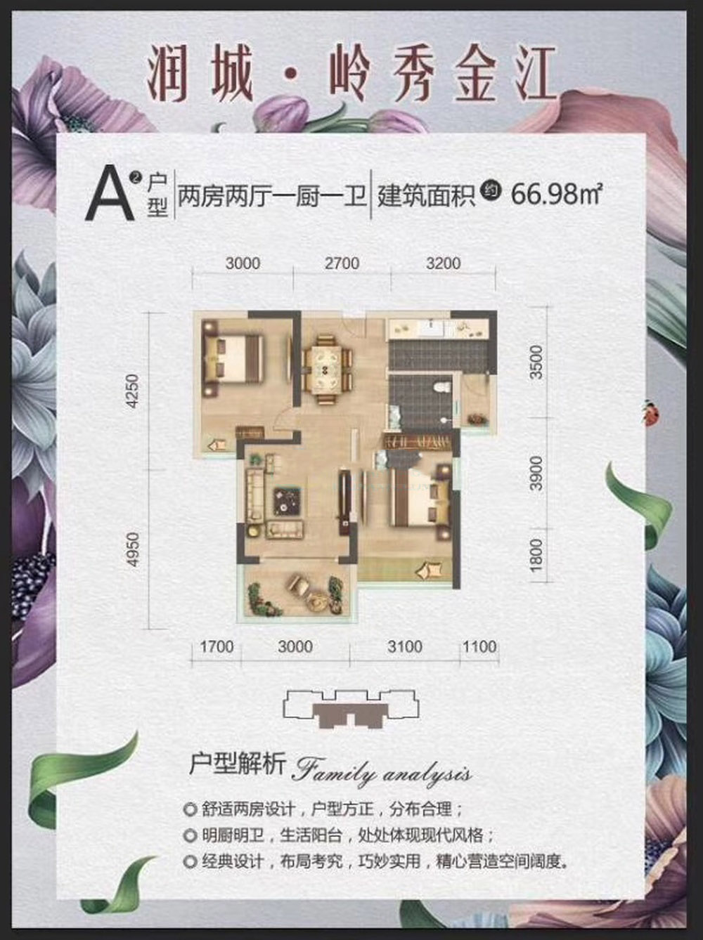 潤(rùn)城·嶺秀金江A戶型 兩房?jī)蓮d一廚一衛(wèi) 建面66.98㎡