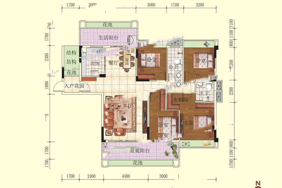 天基御苑1-2棟02戶型 4室2廳2衛(wèi)1廚 157.3㎡