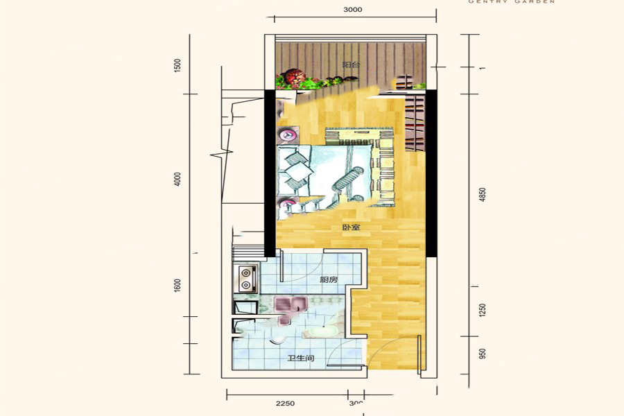 君怡花園U戶型 1室1廳1衛(wèi)1廚 36㎡