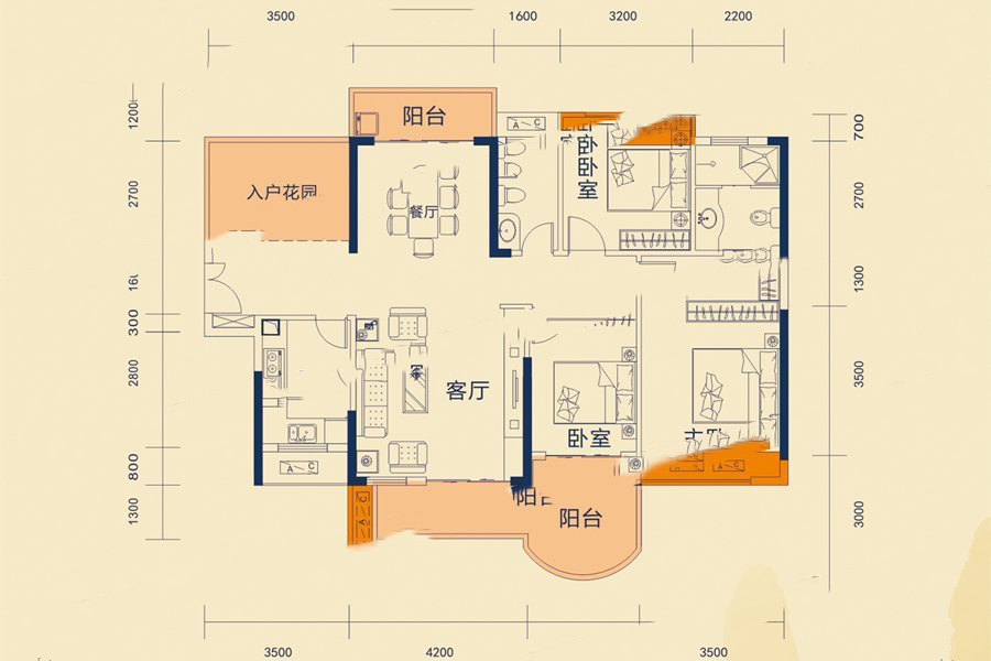 東江豪門2棟02戶型 3室2廳2衛(wèi)1廚 132.44㎡