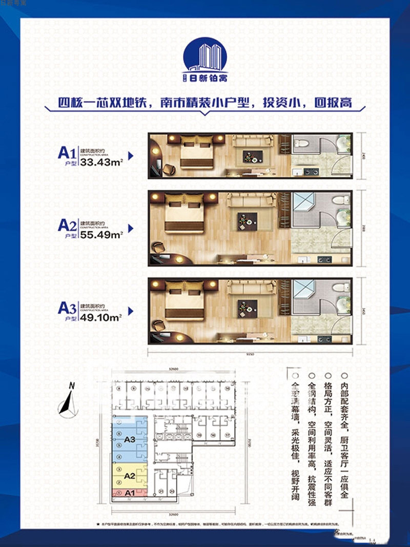 日新粵寓日新粵寓A1、2、3戶型1室1廳1衛(wèi)1廚 建面33.43㎡