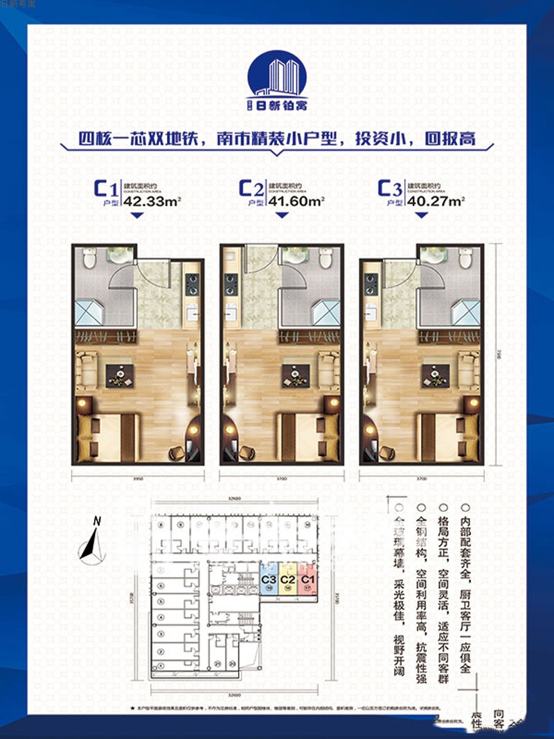 日新粵寓日新粵寓C1、2、3戶型1室1廳1衛(wèi)1廚 建面40.27㎡