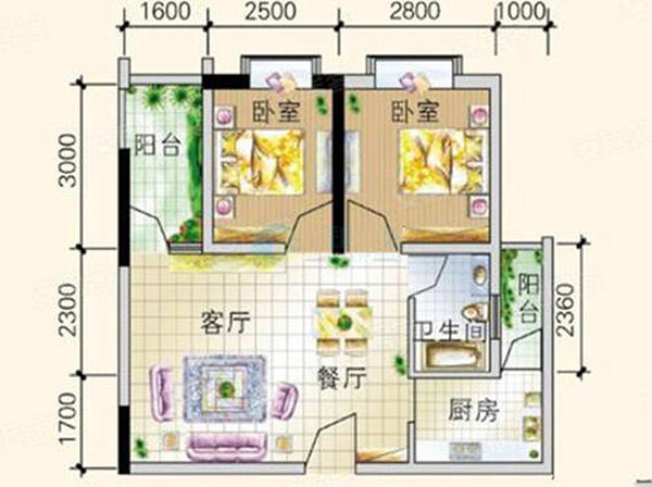 美域D-2戶型 58.16㎡ 2房2廳1廚1衛(wèi)