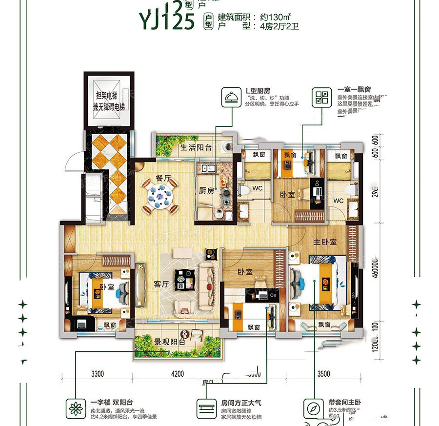 碧桂園城邦花園YJ125戶型 4室2廳2衛(wèi)1廚 130㎡