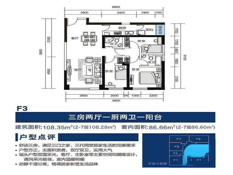 融城金階融城金階戶型圖F3戶型 3室2廳2 面積 108.35平米