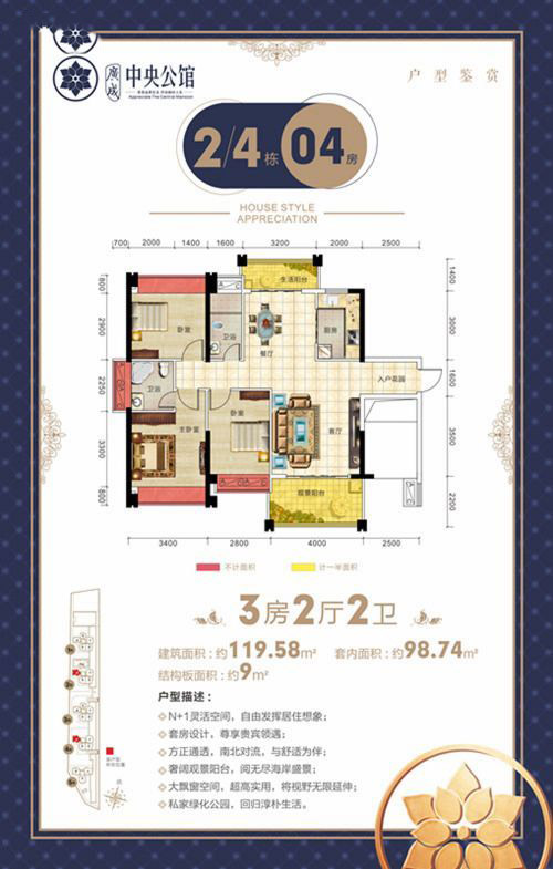 廣成·中央公館2、4號樓04房戶型 3室2廳2衛(wèi)1廚 119.58㎡