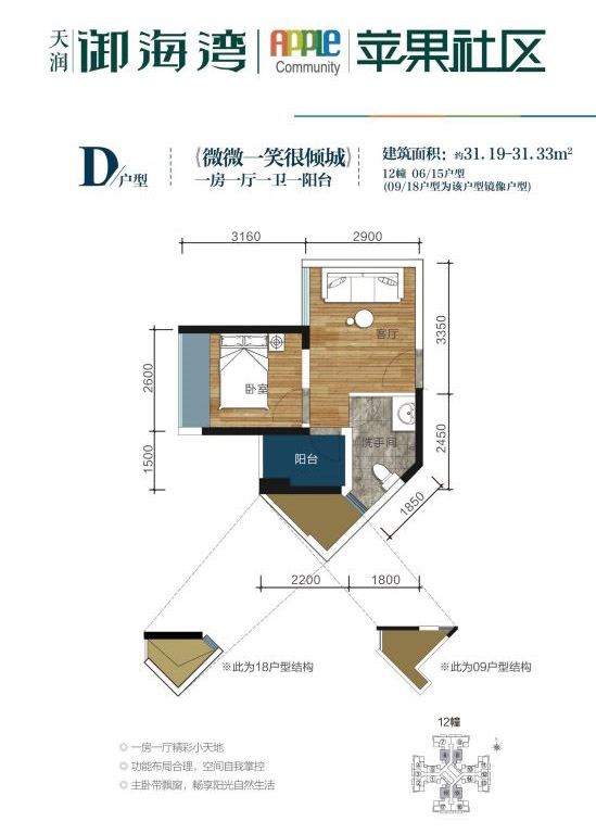 天潤(rùn)御海灣微微一笑很傾城D戶型 1室1廳1衛(wèi) 31.19-31.33