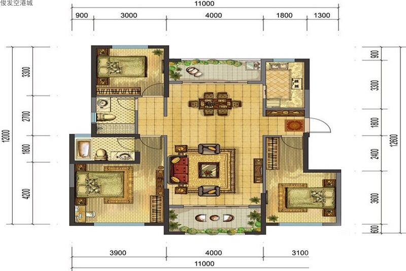 俊發(fā)空港城C戶型3室2廳2衛(wèi)0廚 建面99.00㎡