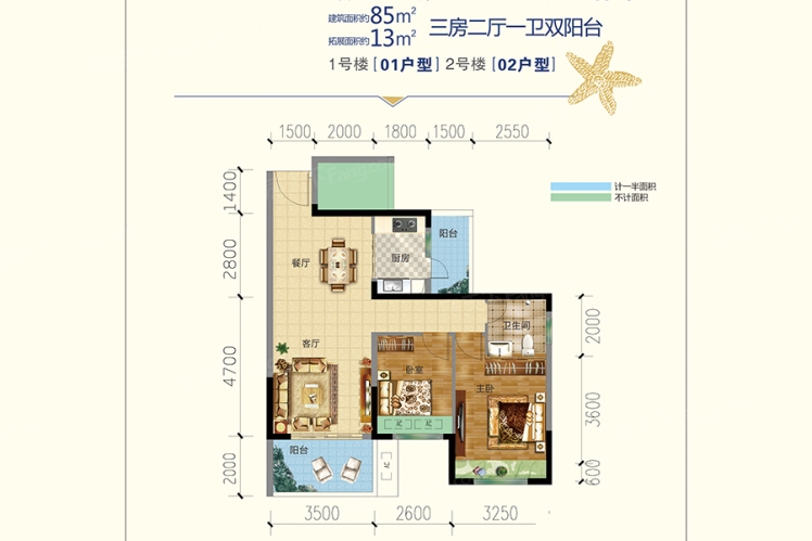 君臨.蔚藍(lán)海岸1號樓01戶型、2號樓02戶型 85㎡